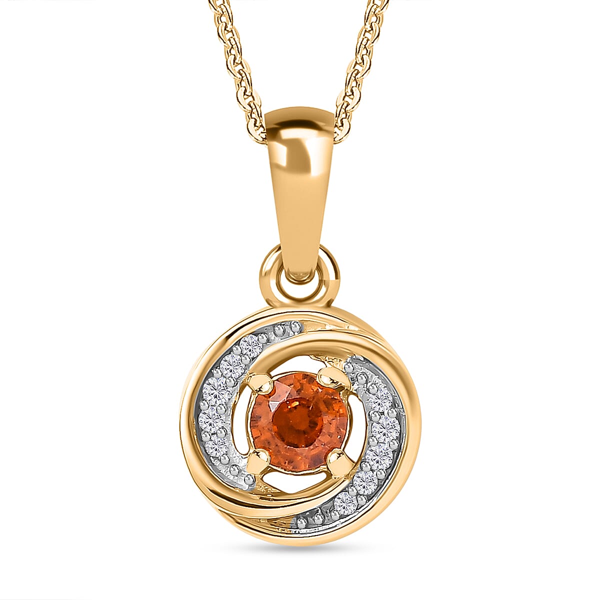 Nigerian Natural Spessartine Garnet, White Zircon Swirl Pendant with Chain (Size 20) in 18K Yellow Gold Vermeil Plated Sterling Silver 4299470 0