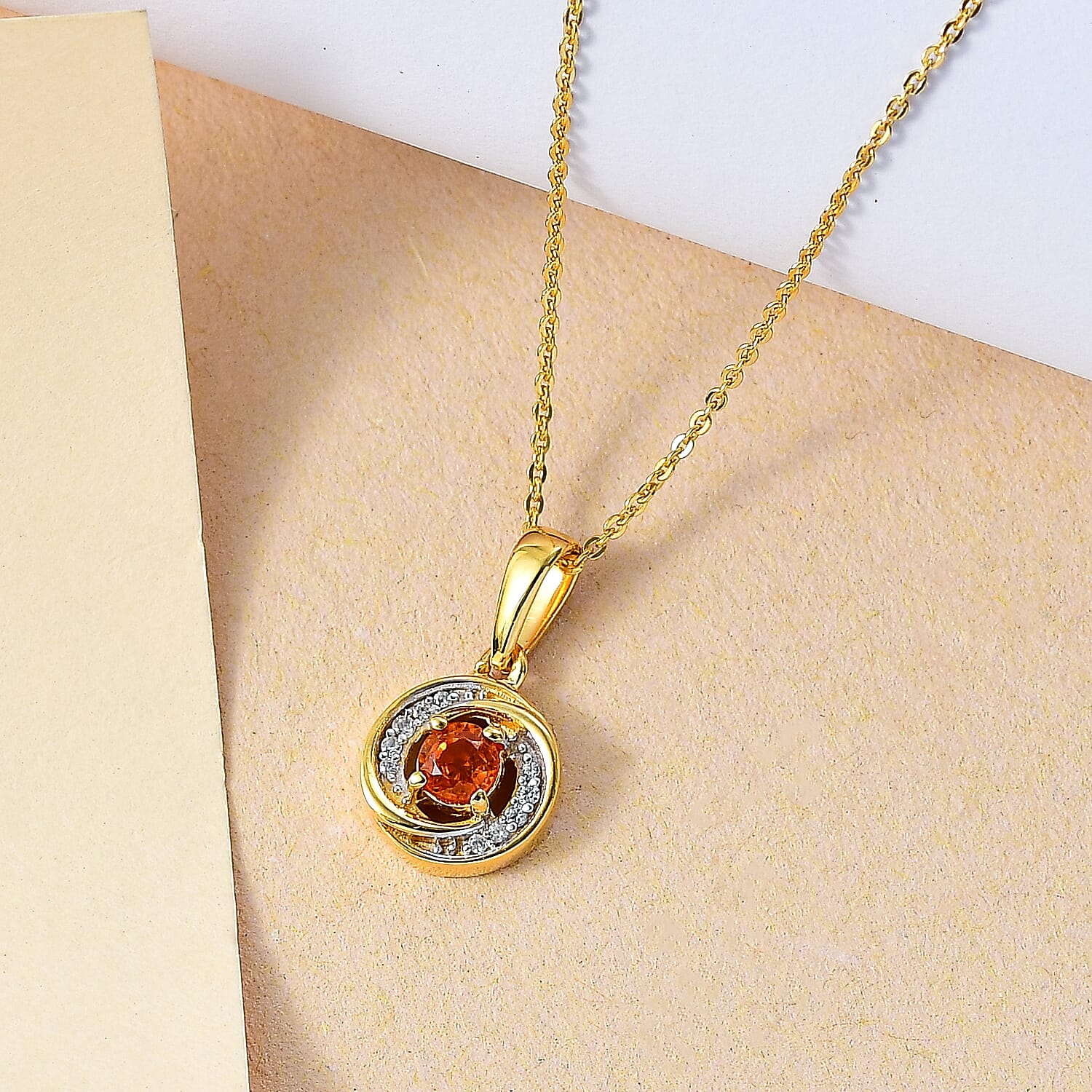 Nigerian Natural Spessartine Garnet, White Zircon Swirl Pendant with Chain (Size 20) in 18K Yellow Gold Vermeil Plated Sterling Silver 4299470 3