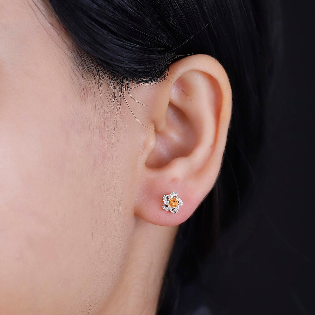Spessartine Garnet, White Zircon Swirl Stud Earrings in 18K Vermeil Yellow Gold Plated Sterling Silver 7857024 2