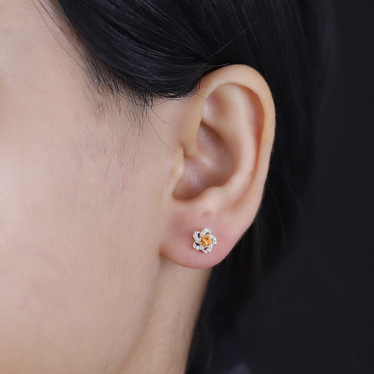 Spessartine Garnet, White Zircon Swirl Stud Earrings in 18K Vermeil Yellow Gold Plated Sterling Silver 7857024 2