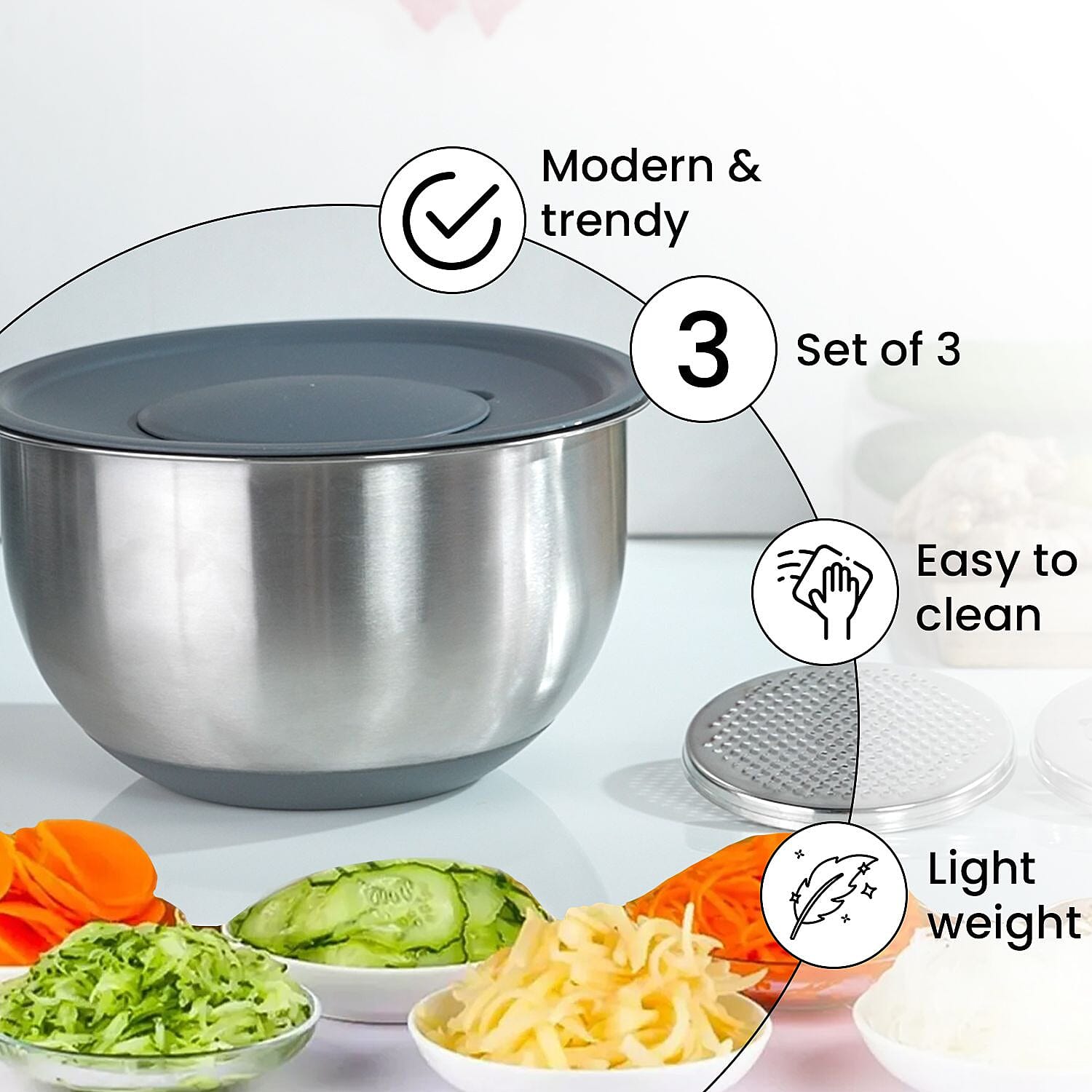 Splash Bowl with Antiskid Base with 3 Graters (Size 20x16 cm) - Silver 7306698 3