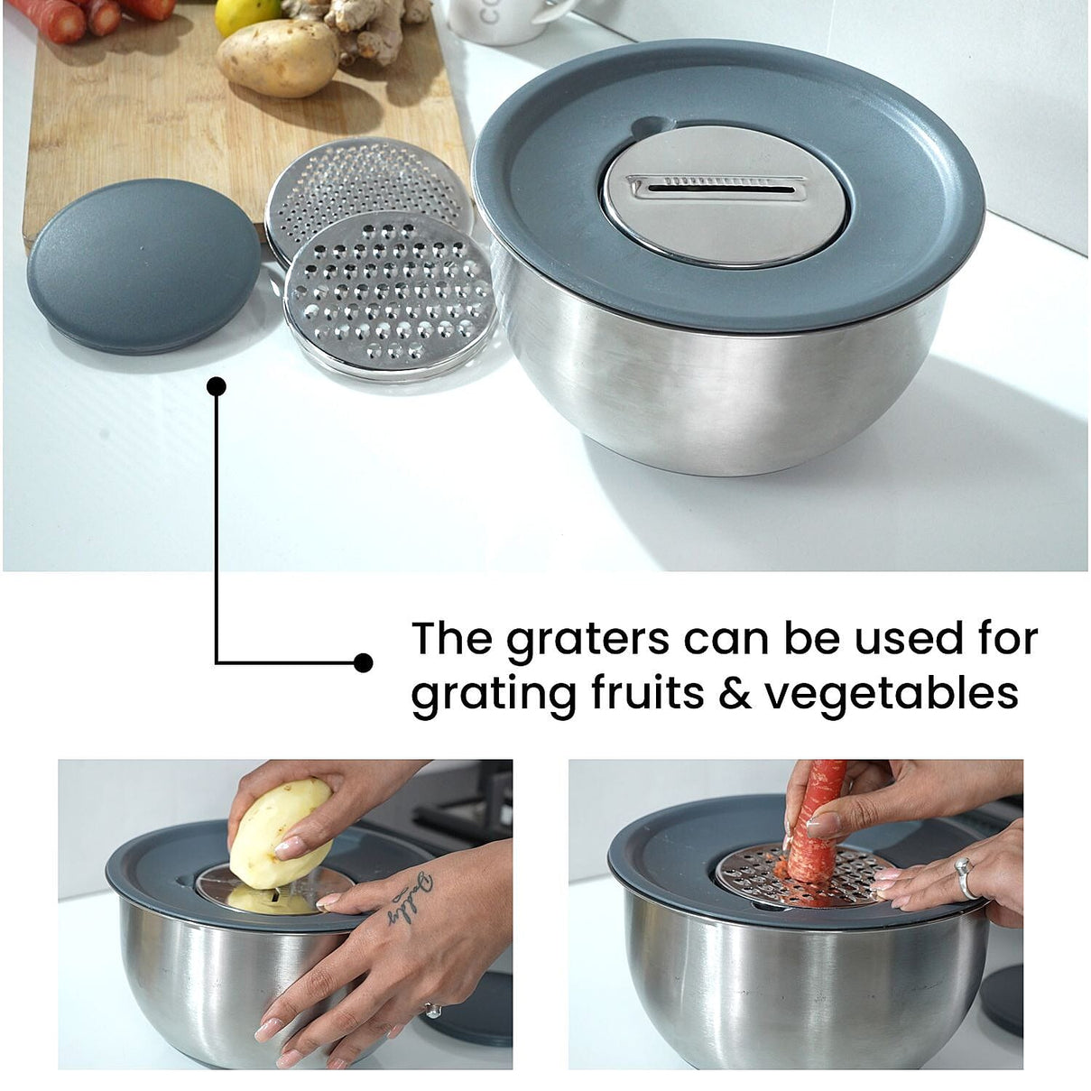Splash Bowl with Antiskid Base with 3 Graters (Size 20x16 cm) - Silver 7306698 5
