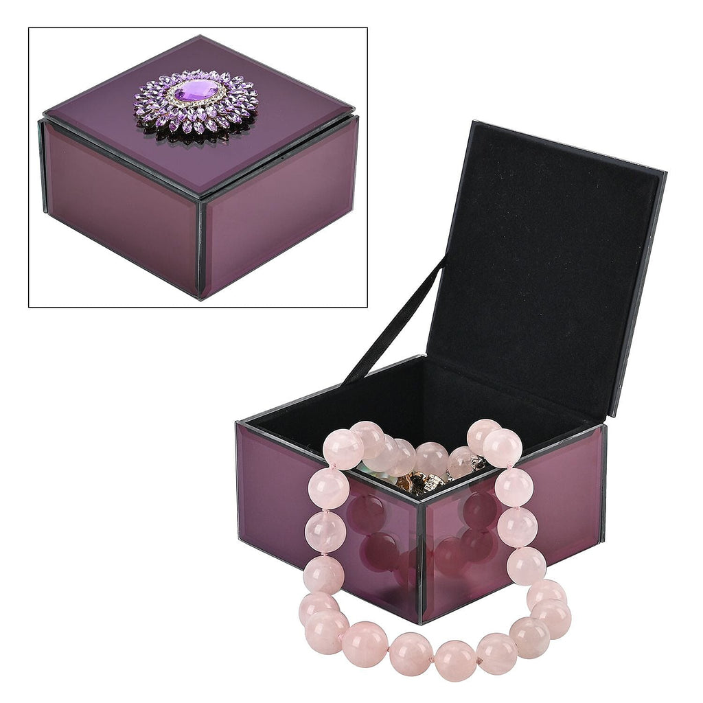 Square Jewellery Box With Soft Velvet Inner Lining & Crystal Flower on Top (Size 12x12x7 cm) - Red & Purple