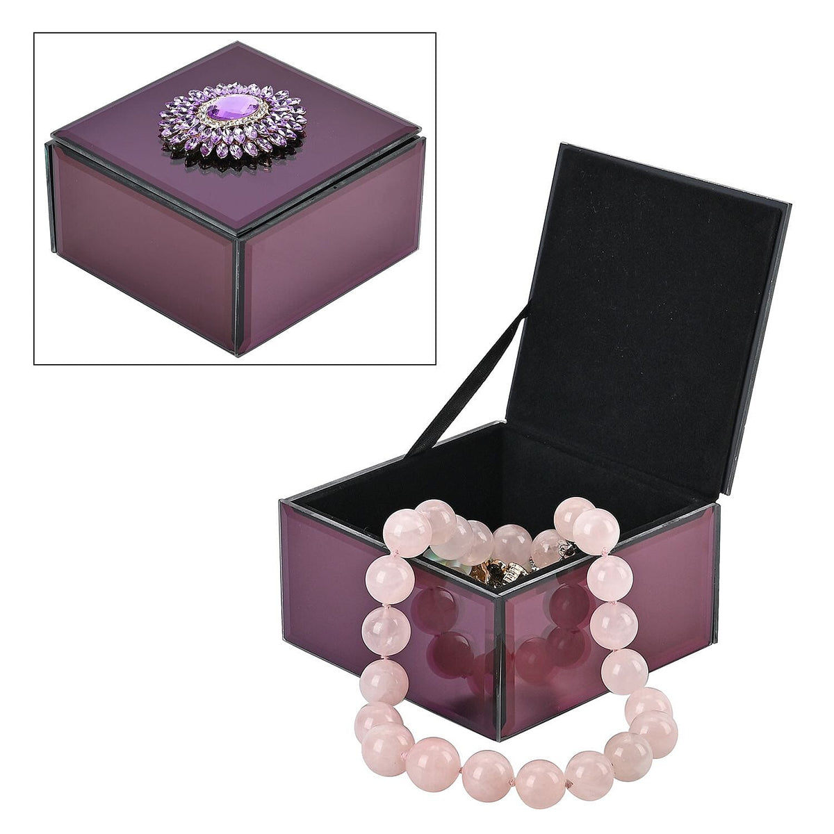 Square Glass Mirrored Jewellery Box with Crystal Flower on Top 7564331 0