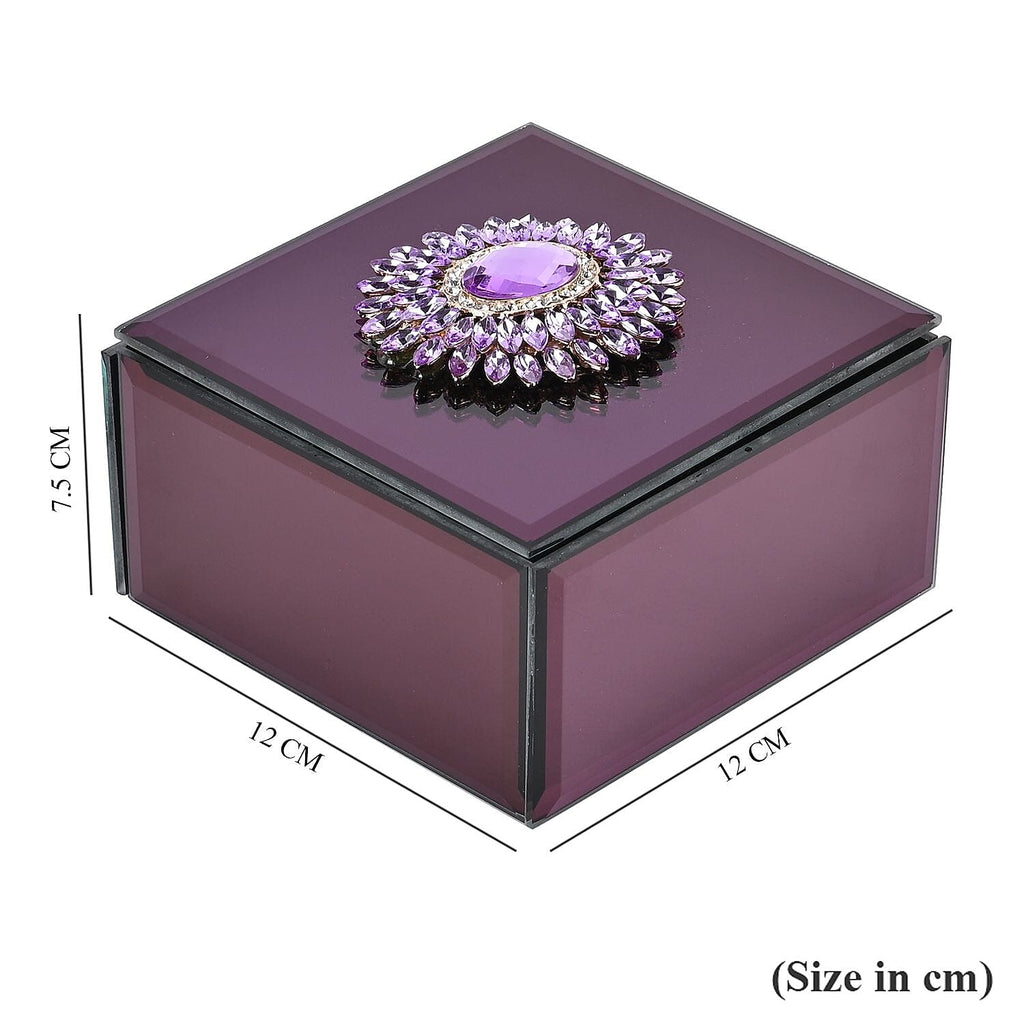 Square Jewellery Box With Soft Velvet Inner Lining & Crystal Flower on Top (Size 12x12x7 cm) - Red & Purple