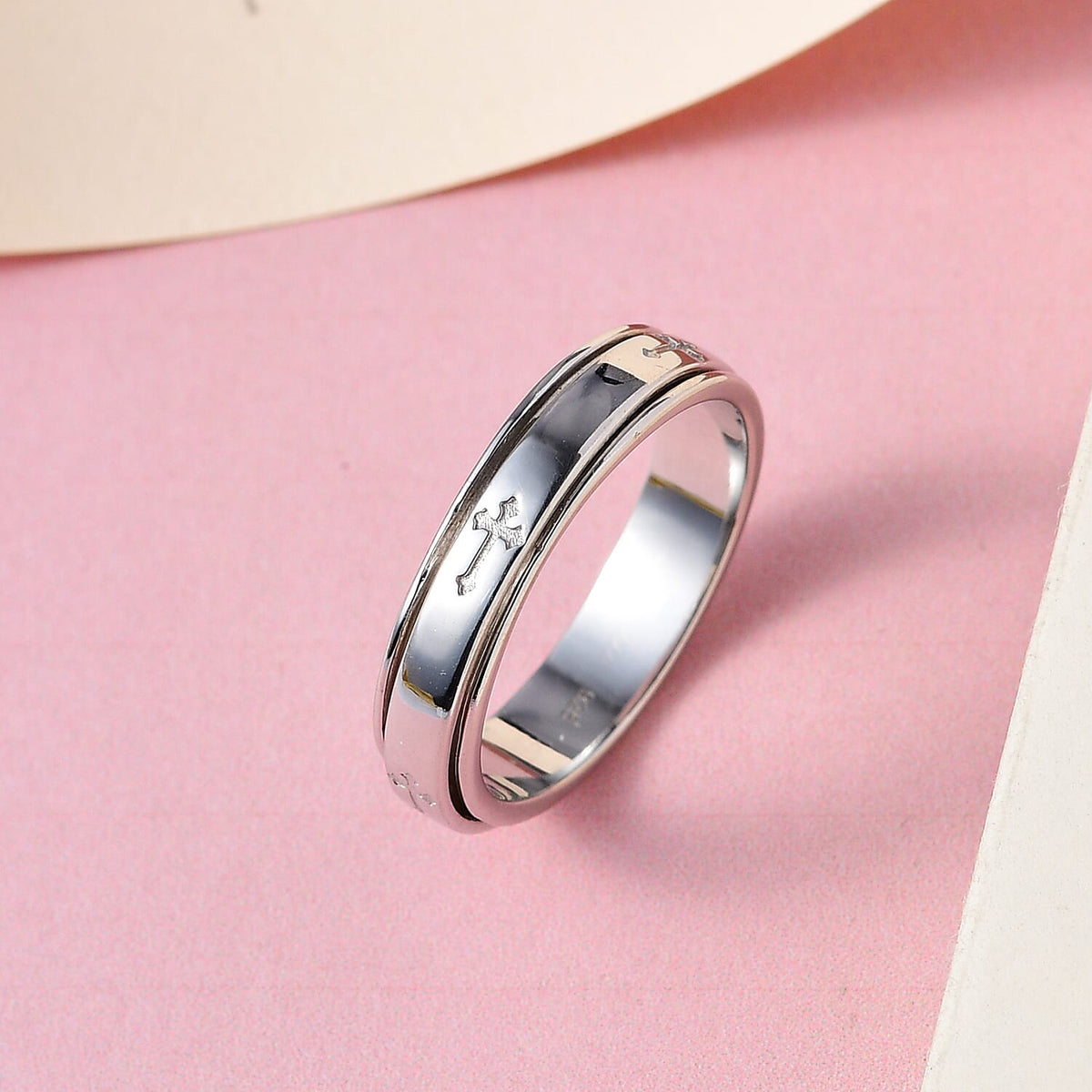 Stackable Cross Spinner Ring in Sterling Silver with Platinum Plating V32638464 3