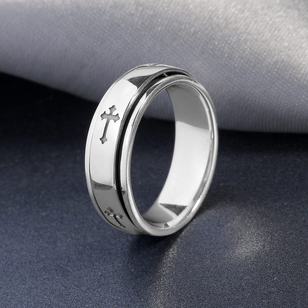 Artisan Crafted Platinum Overlay Sterling Silver Cross Spinner Ring