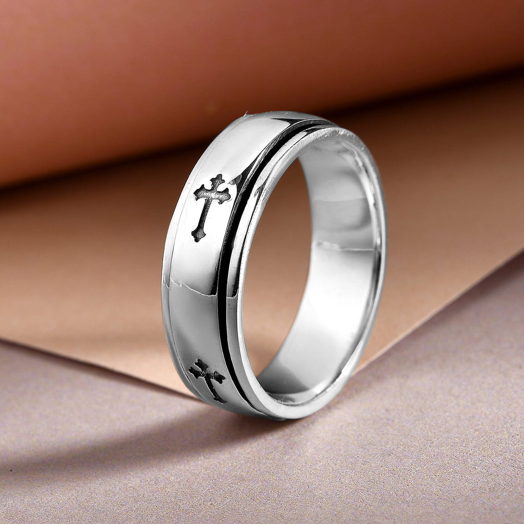 Artisan Crafted Platinum Overlay Sterling Silver Cross Spinner Ring