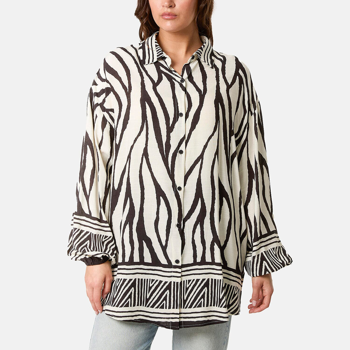 Statement Zebra Print Button-Down Top (One Size) - Black 8132422 0