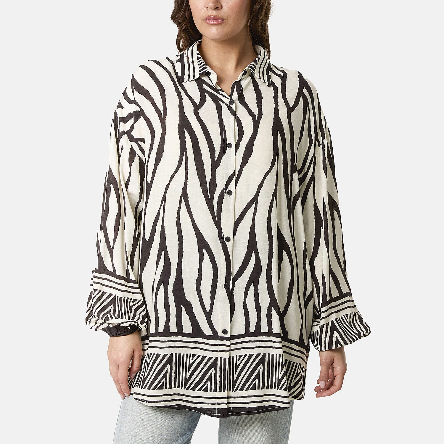 Statement Zebra Print Button-Down Top (One Size) - Black 8132422 0
