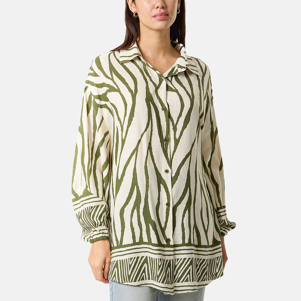 Statement Zebra Print Button-Down Top (One Size) - Khaki 8132421 0