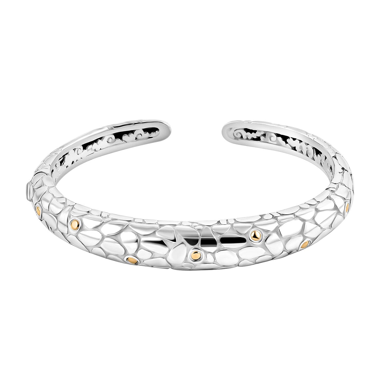 Royal Bali Collection - Sterling Silver Cuff Bangle (Size 8) in 18K Yellow Gold & Silver Plated