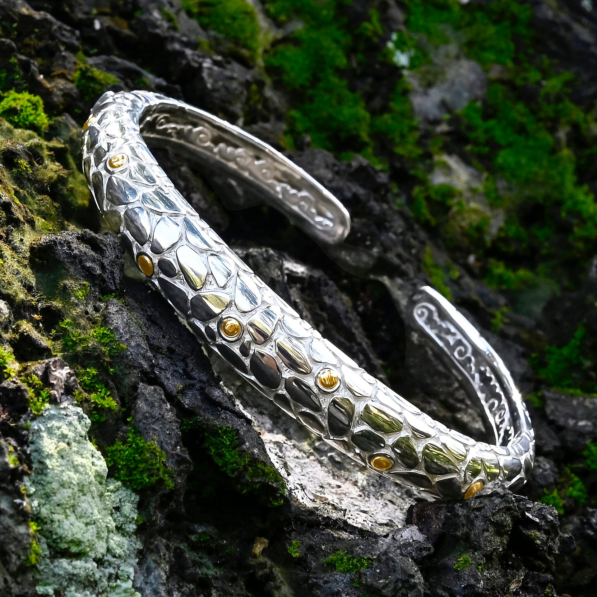 Royal Bali Collection - Sterling Silver Cuff Bangle (Size 8) in 18K Yellow Gold &amp; Silver Plated 7750125 1