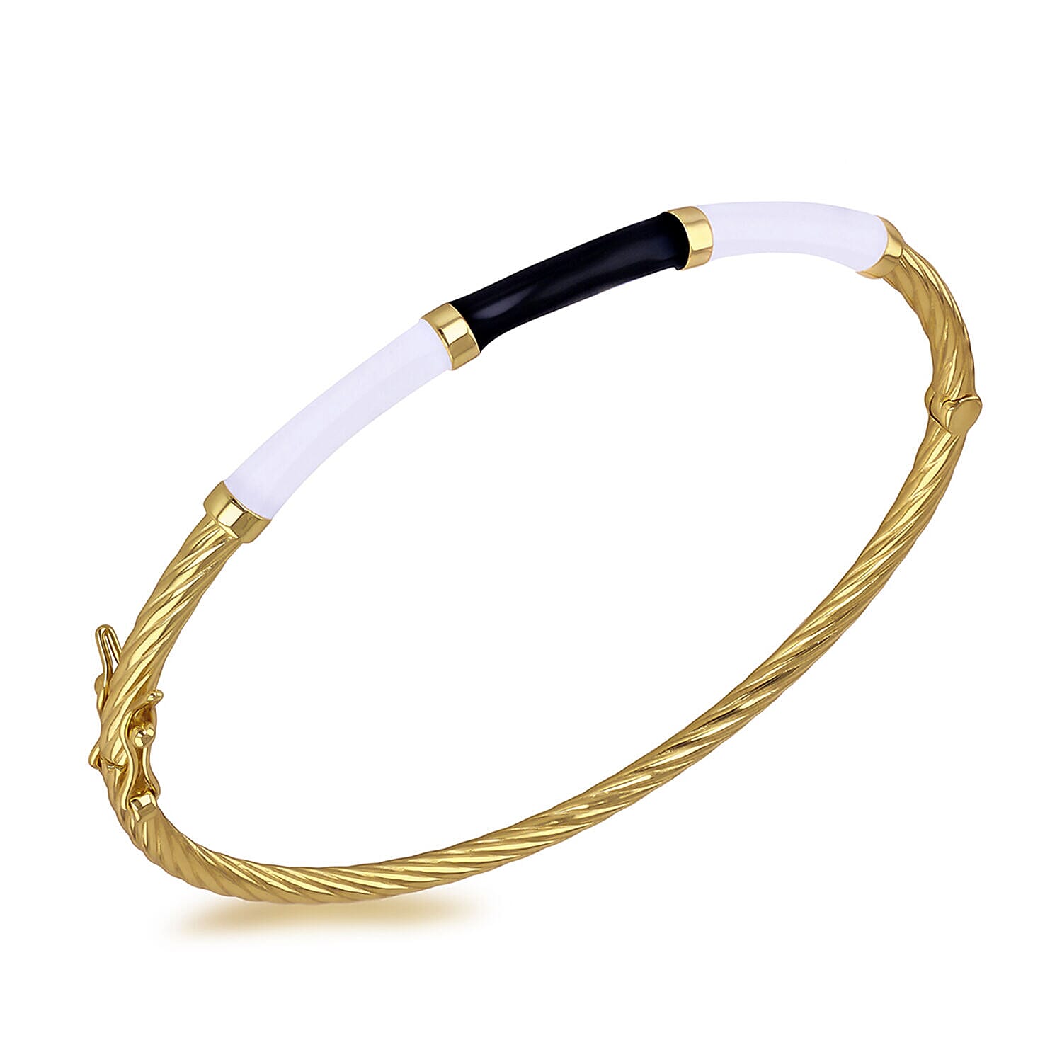 Sterling Silver Yellow Gold Plated 3mm x 4mm Black and White Enamel Bangle (Size - 6-7) 7312570 0