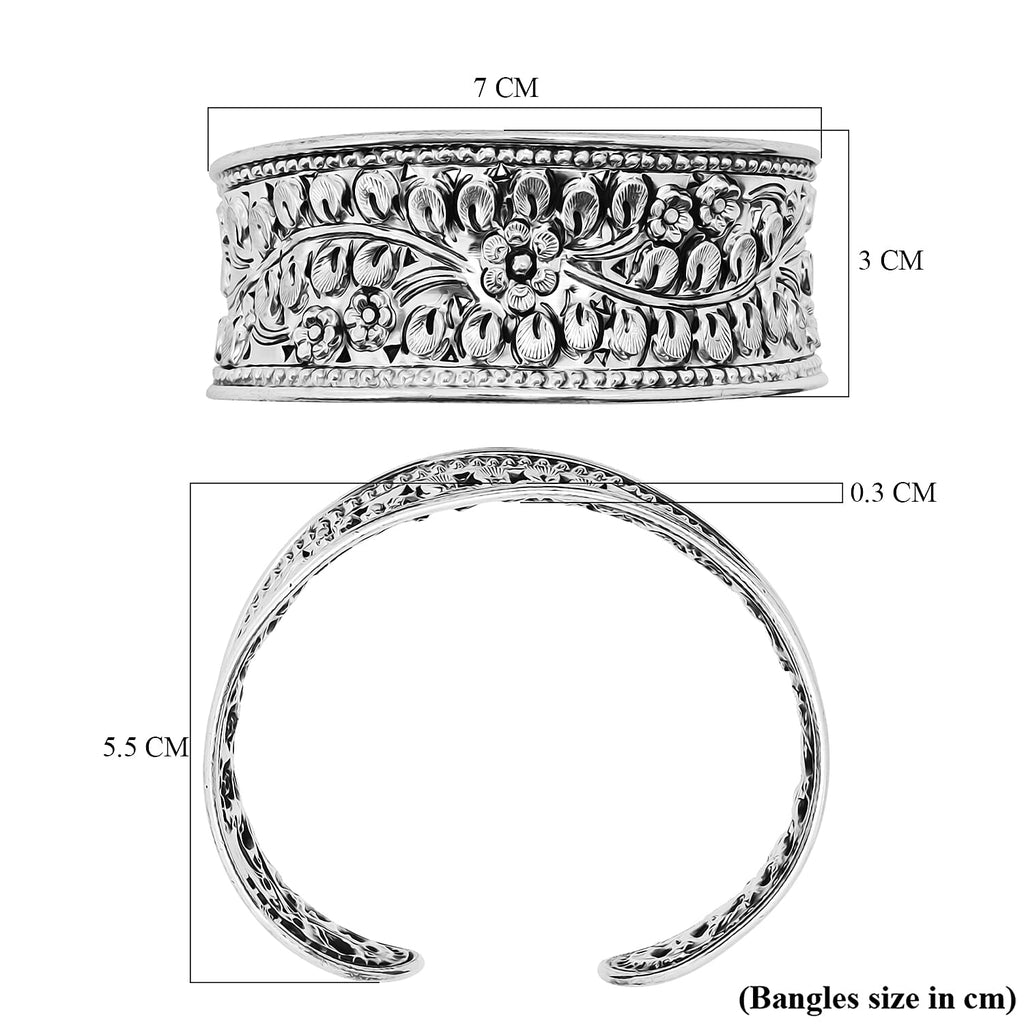Close Out Deal - Sterling Silver Floral Design Cuff Bangle (Size-7), Silver Wt. 23.00 Gms
