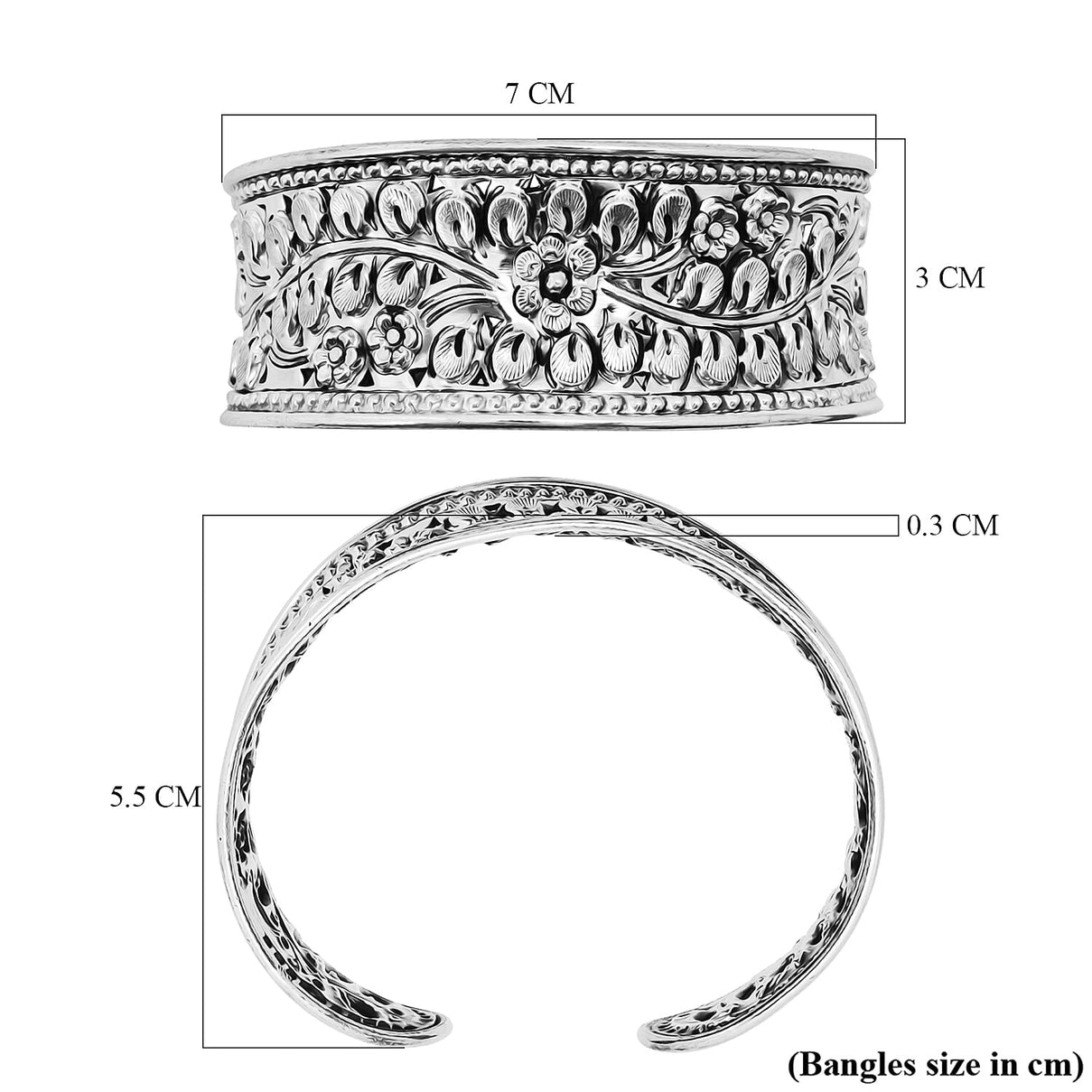 Close Out Deal - Sterling Silver Floral Design Cuff Bangle (Size-7), Silver Wt. 23.00 Gms 8503407 5