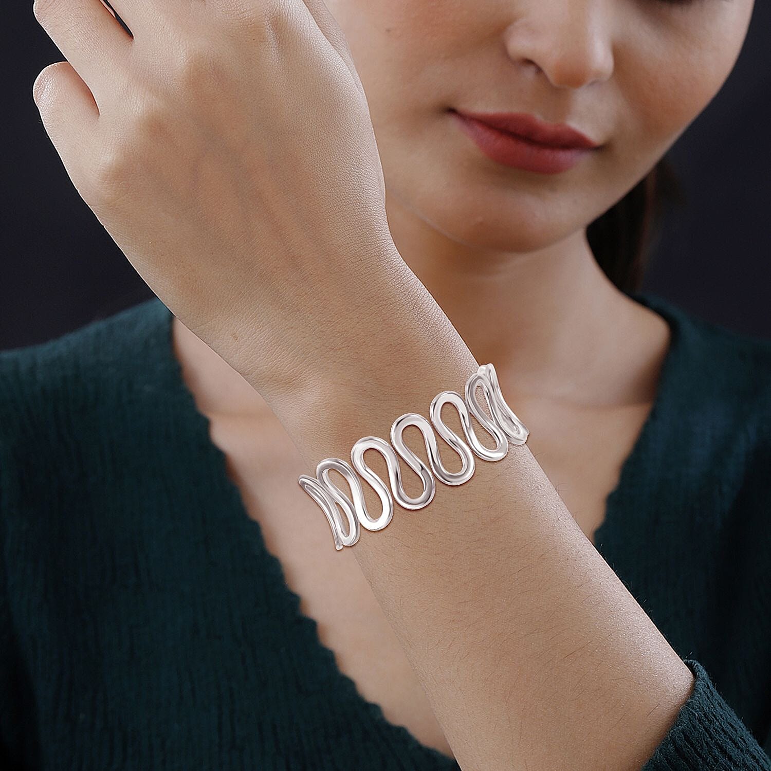 JCK Vegas Closeout - Sterling Silver Wave Cuff Bangle (Size - 7.5), Silver Wt. 32.00 Gms 7815089 2