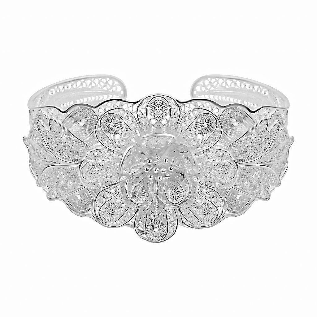Royal Bali Collection Close Out- Sterling Silver Floral Cuff Bangle (Size - 7.5), Silver Wt. 27.00 Gms
