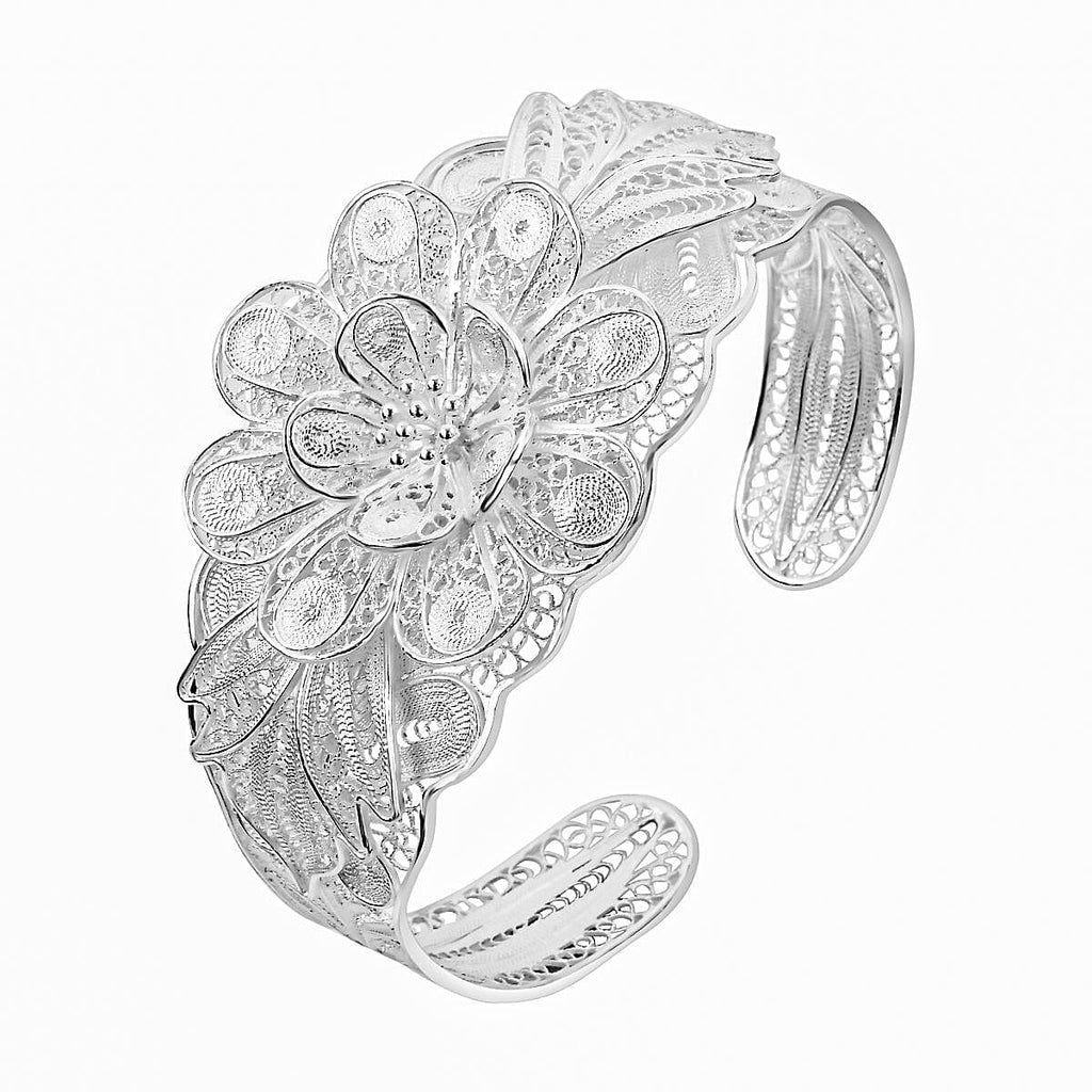 Royal Bali Collection Close Out- Sterling Silver Floral Cuff Bangle (Size - 7.5), Silver Wt. 27.00 Gms