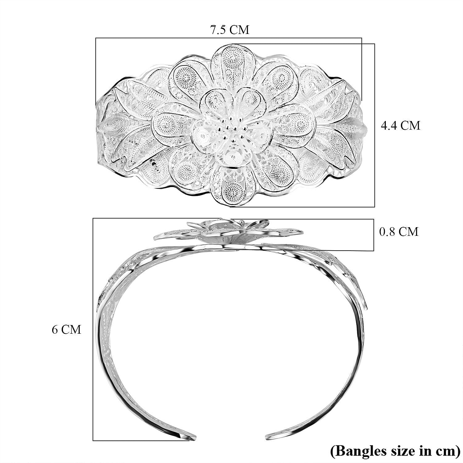 Royal Bali Collection Close Out- Sterling Silver Floral Cuff Bangle (Size - 7.5), Silver Wt. 27.00 Gms 7238600 6