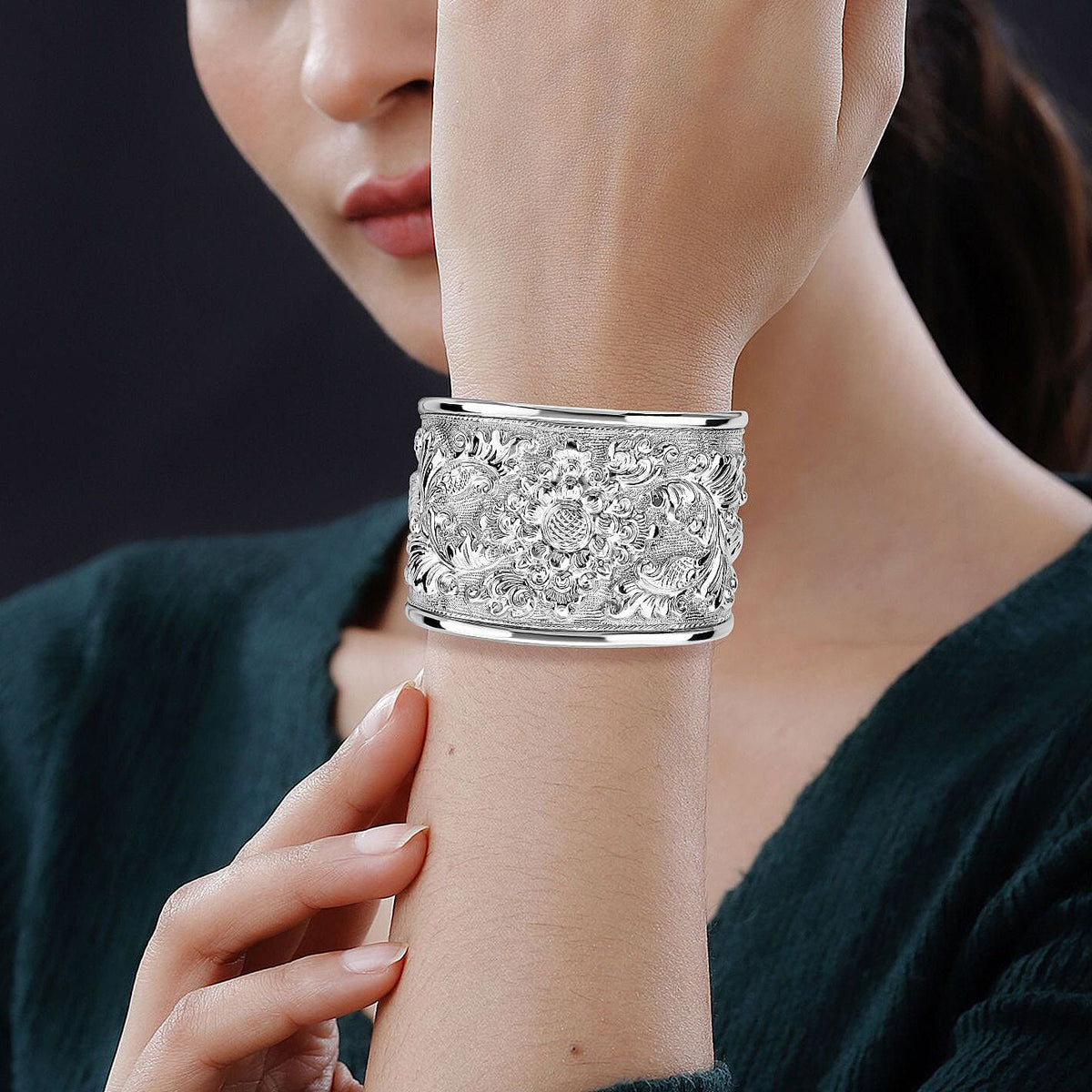 Sterling Silver Floral Cuff Bangle ( Size- 7.5 ), Silver Wt. 34.90 Gms 7619929 3