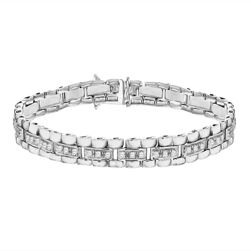 Cubic Zirconia Sterling Silver Stampato Bracelet (Size - 8), Silver Wt. 16.8 Gms