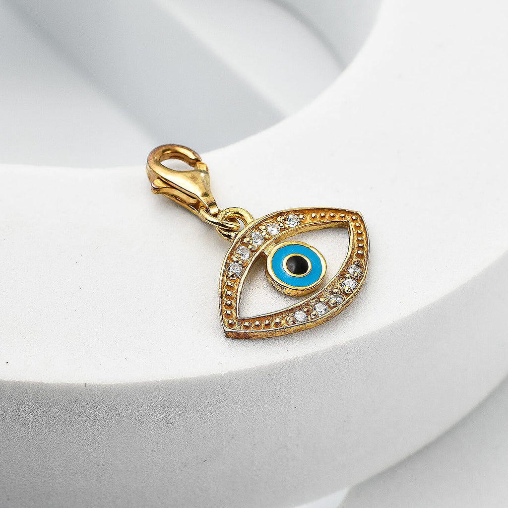 Yellow Gold Overlay Sterling Silver Evil Eye Charm With CZ