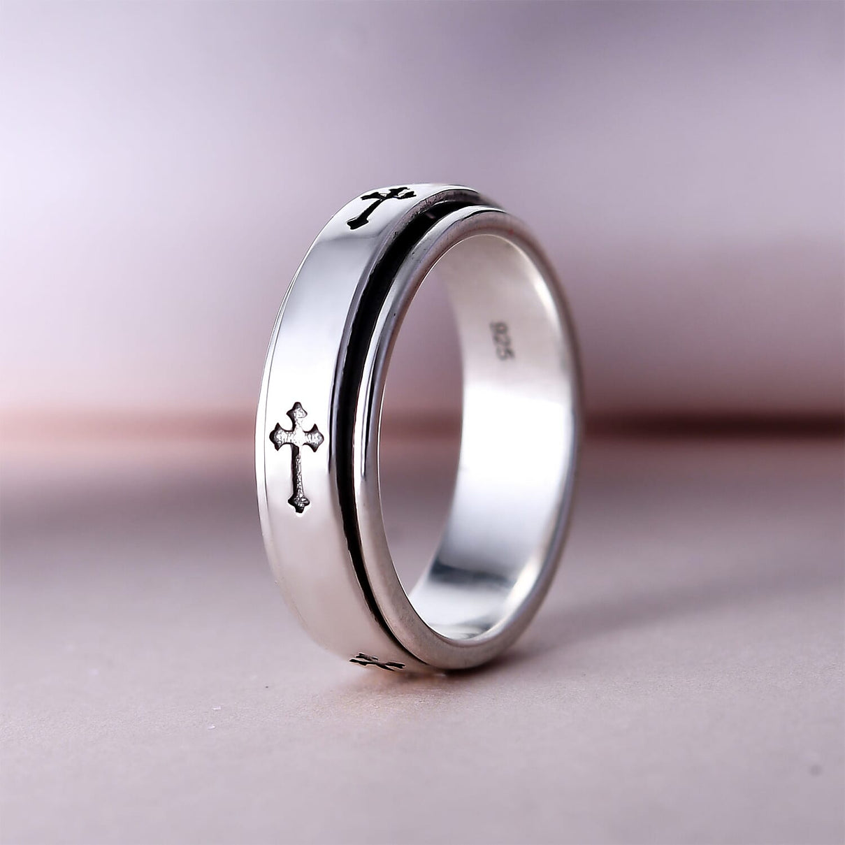 Stackable Cross Spinner Ring in Sterling Silver with Platinum Plating 3676716 4