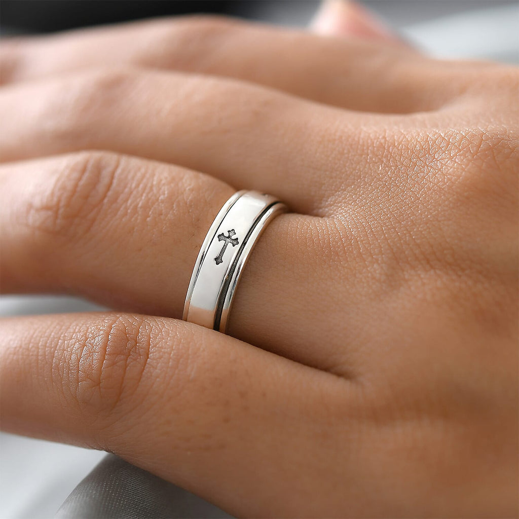 Artisan Crafted Platinum Overlay Sterling Silver Cross Spinner Ring