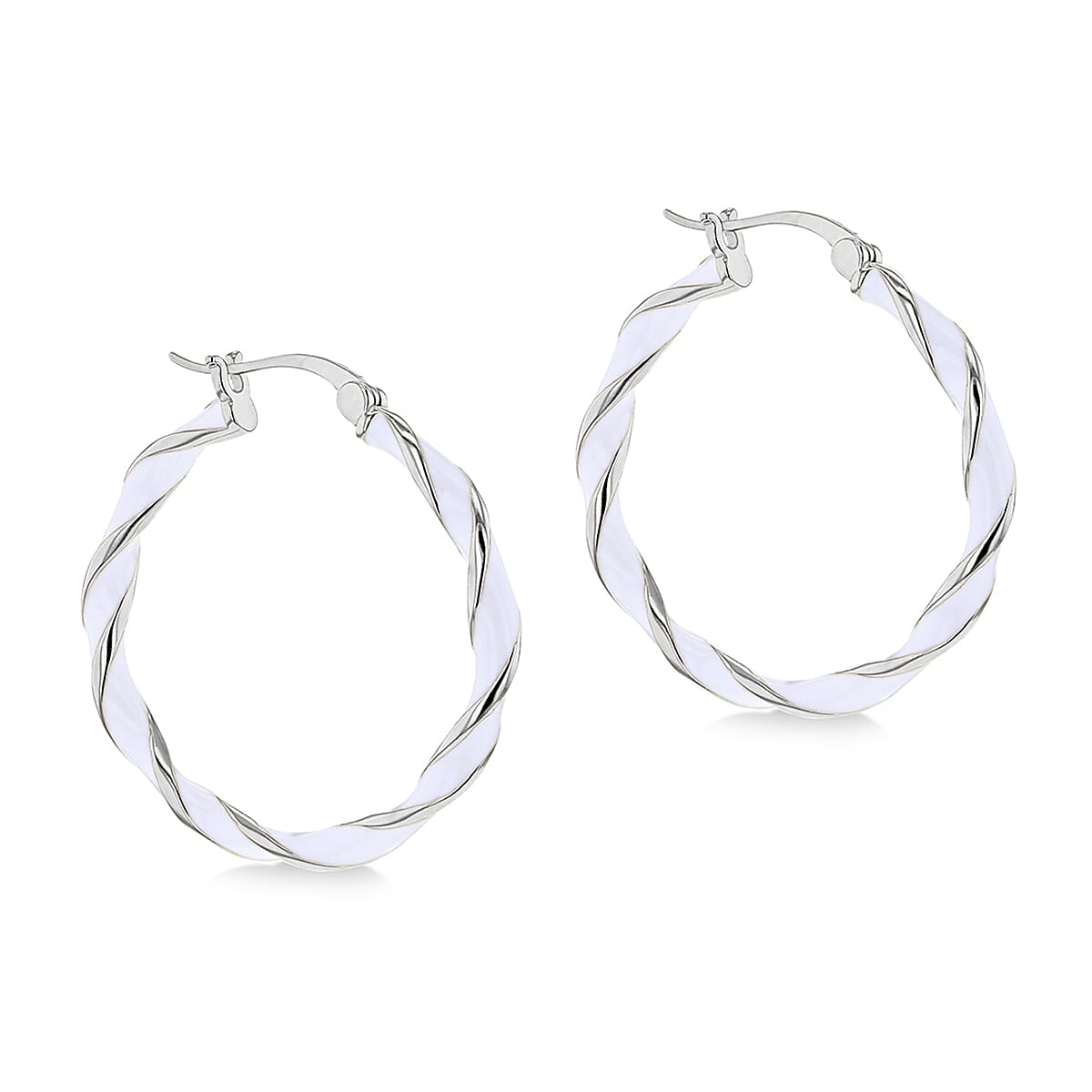 White Enamel Large Twister Hoop Creole Earrings in Sterling Silver Rhodiumplated 31mm 7567814 0