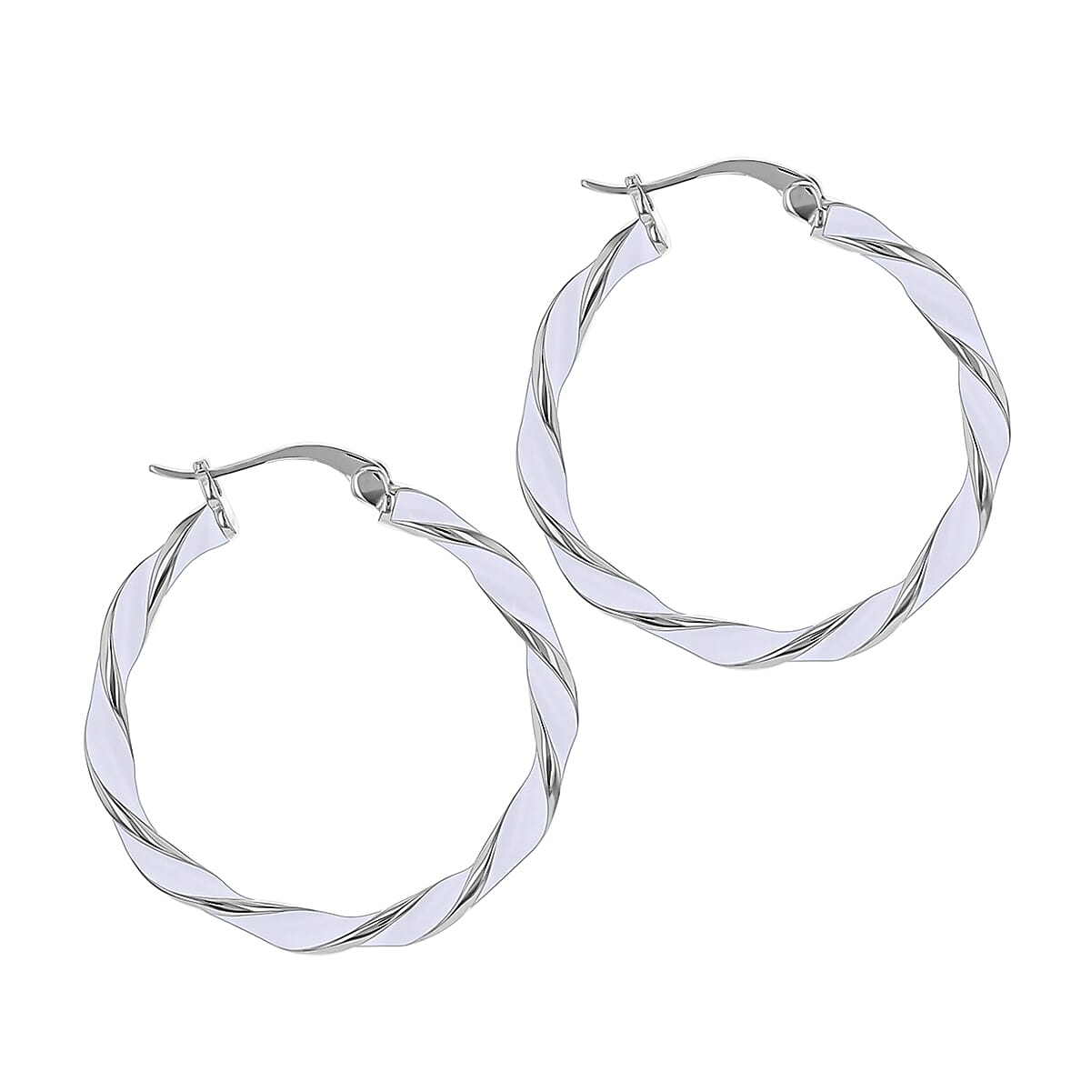 White Enamel Large Twister Hoop Creole Earrings in Sterling Silver Rhodiumplated 31mm 7567814 1