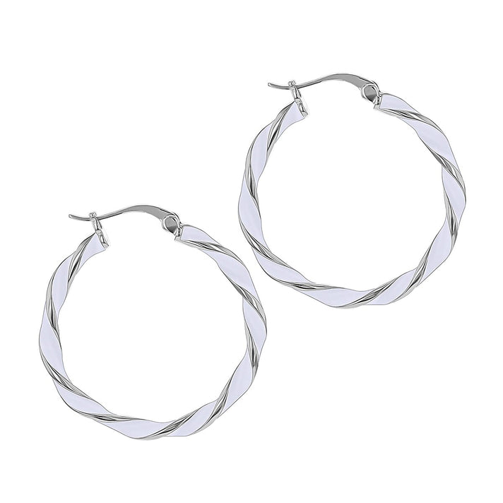 White Enamel Large Twister Hoop Creole Earrings in Sterling Silver Rhodiumplated 31mm 7567814 2