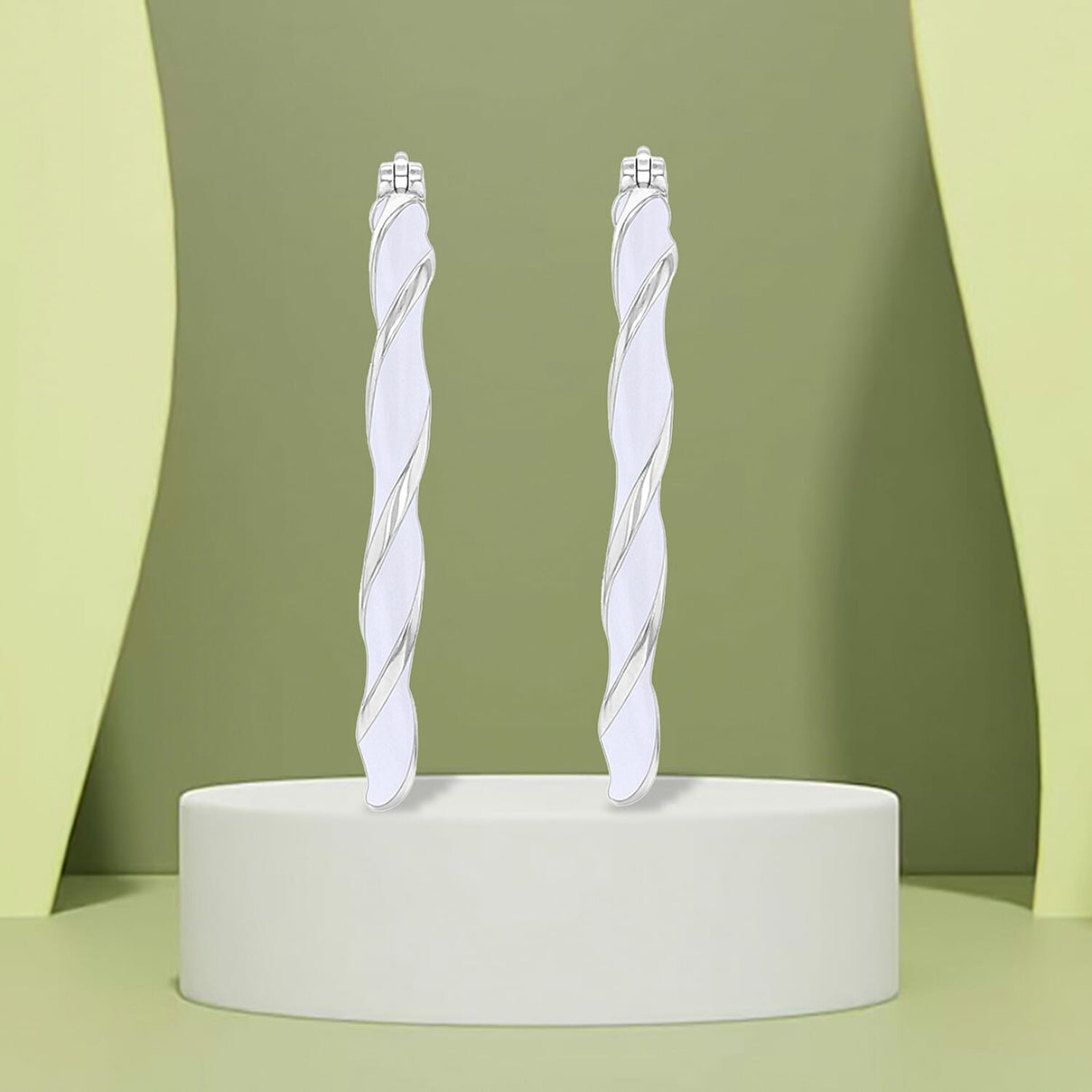 White Enamel Large Twister Hoop Creole Earrings in Sterling Silver Rhodiumplated 31mm 7567814 3