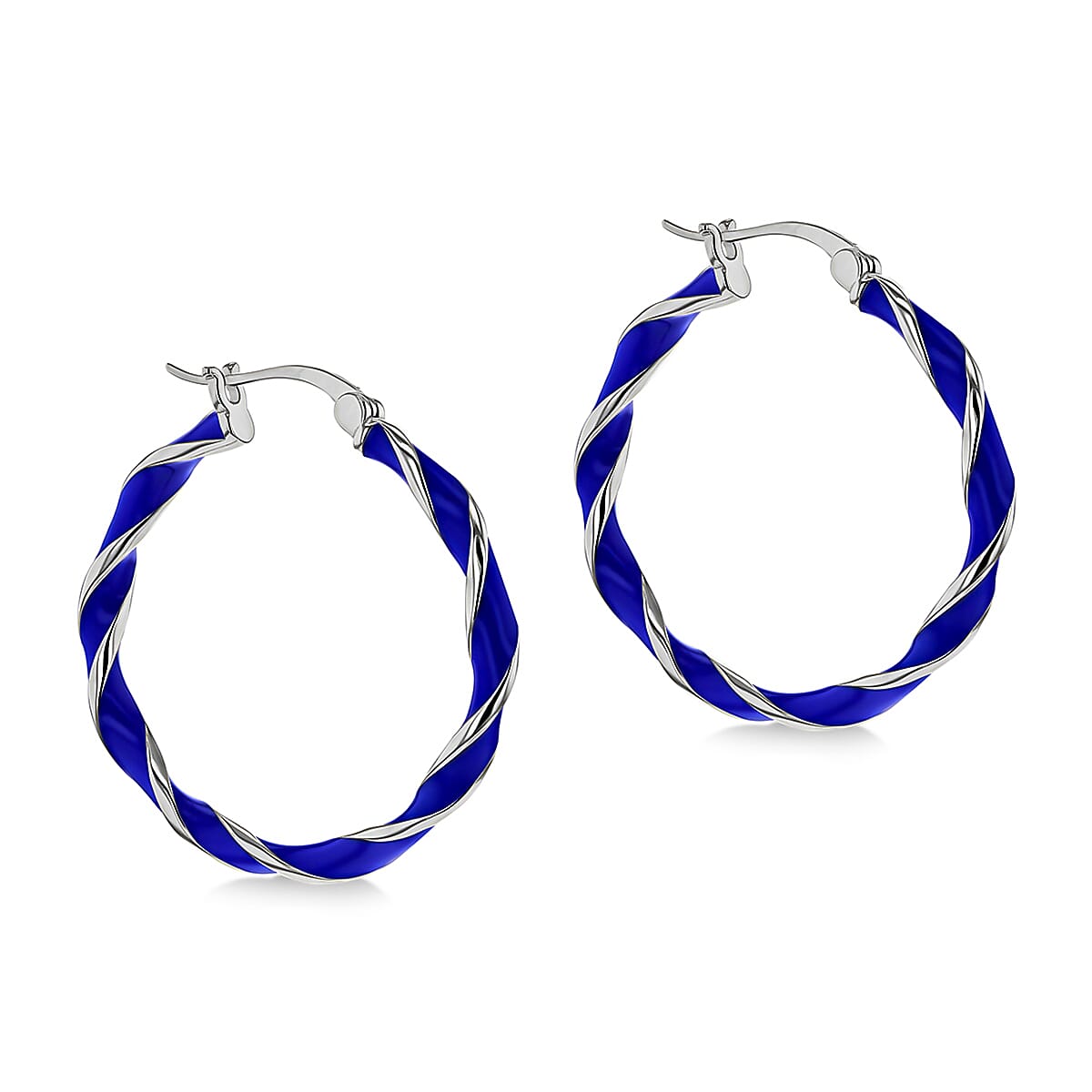 Blue Enamel Large Twister Hoop Earrings in Sterling Silver Rhodium Plated 31mm 7567892 0