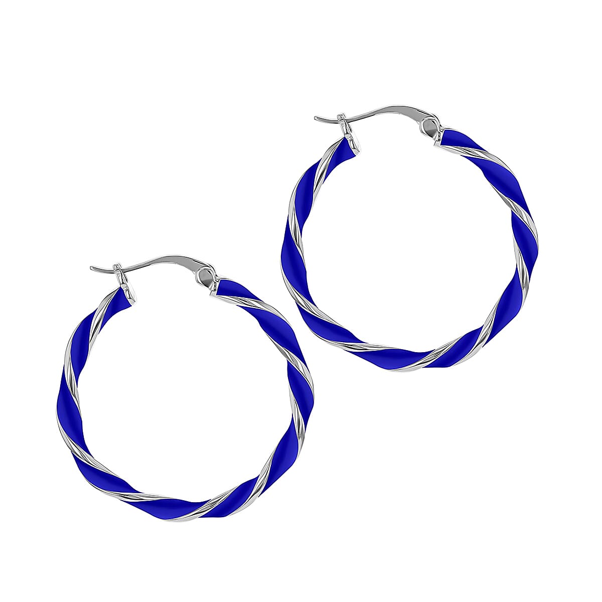Blue Enamel Large Twister Hoop Earrings in Sterling Silver Rhodium Plated 31mm 7567892 1