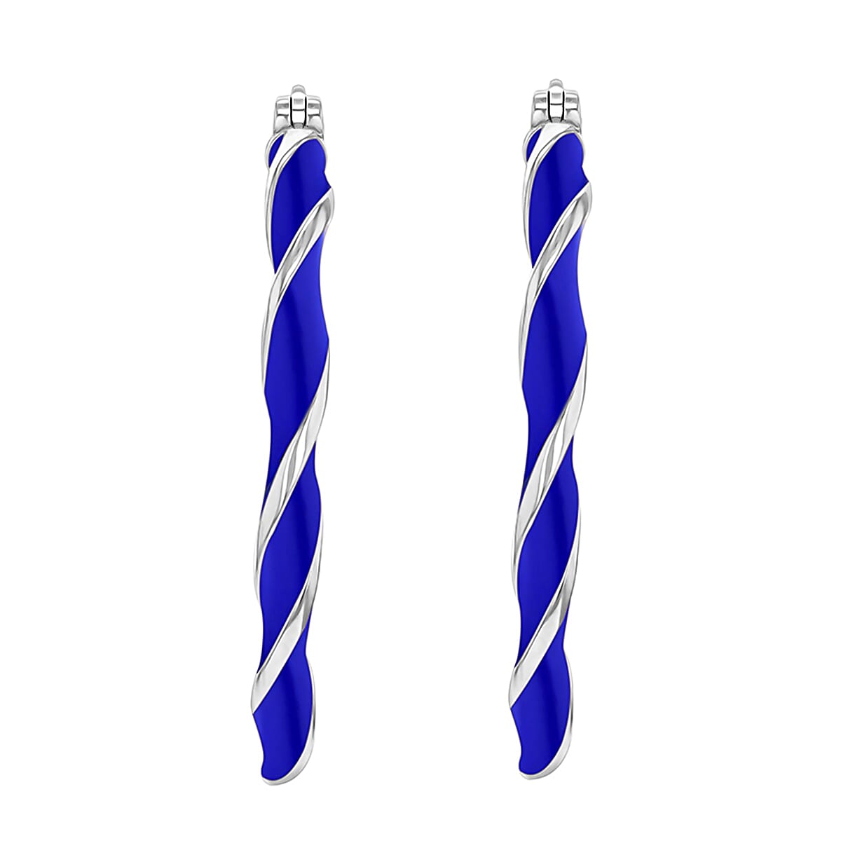 Blue Enamel Large Twister Hoop Earrings in Sterling Silver Rhodium Plated 31mm 7567892 2