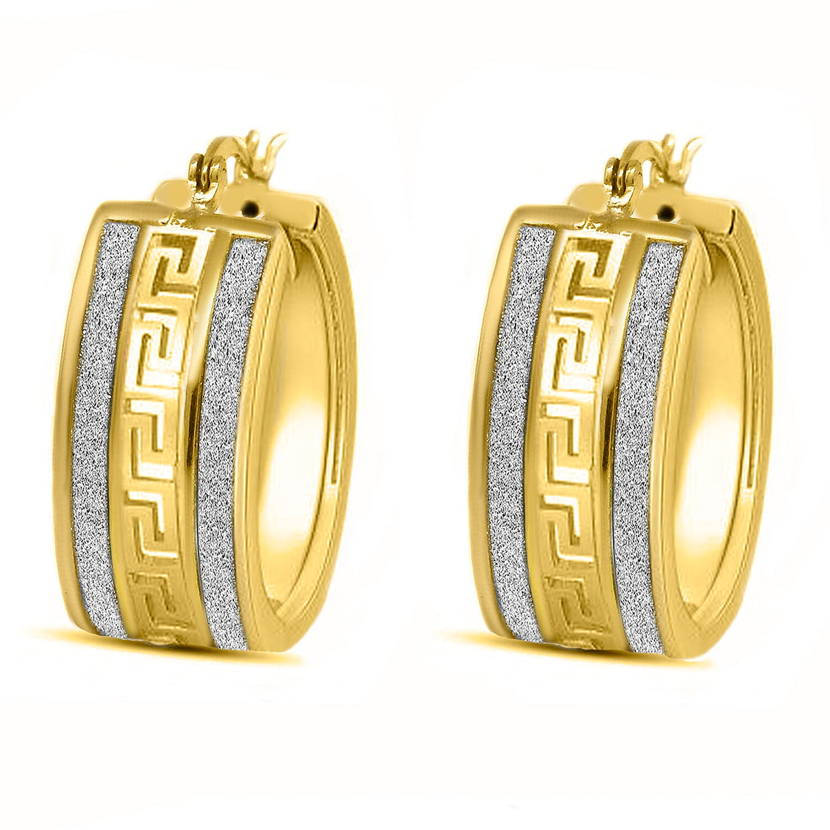 Gold Overlay Sterling Silver Greek Key Hoop Earrings with Sand Dust 7765796 0