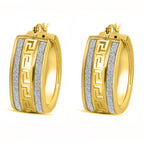 Gold Overlay Sterling Silver Greek Key Hoop Earrings with Sand Dust