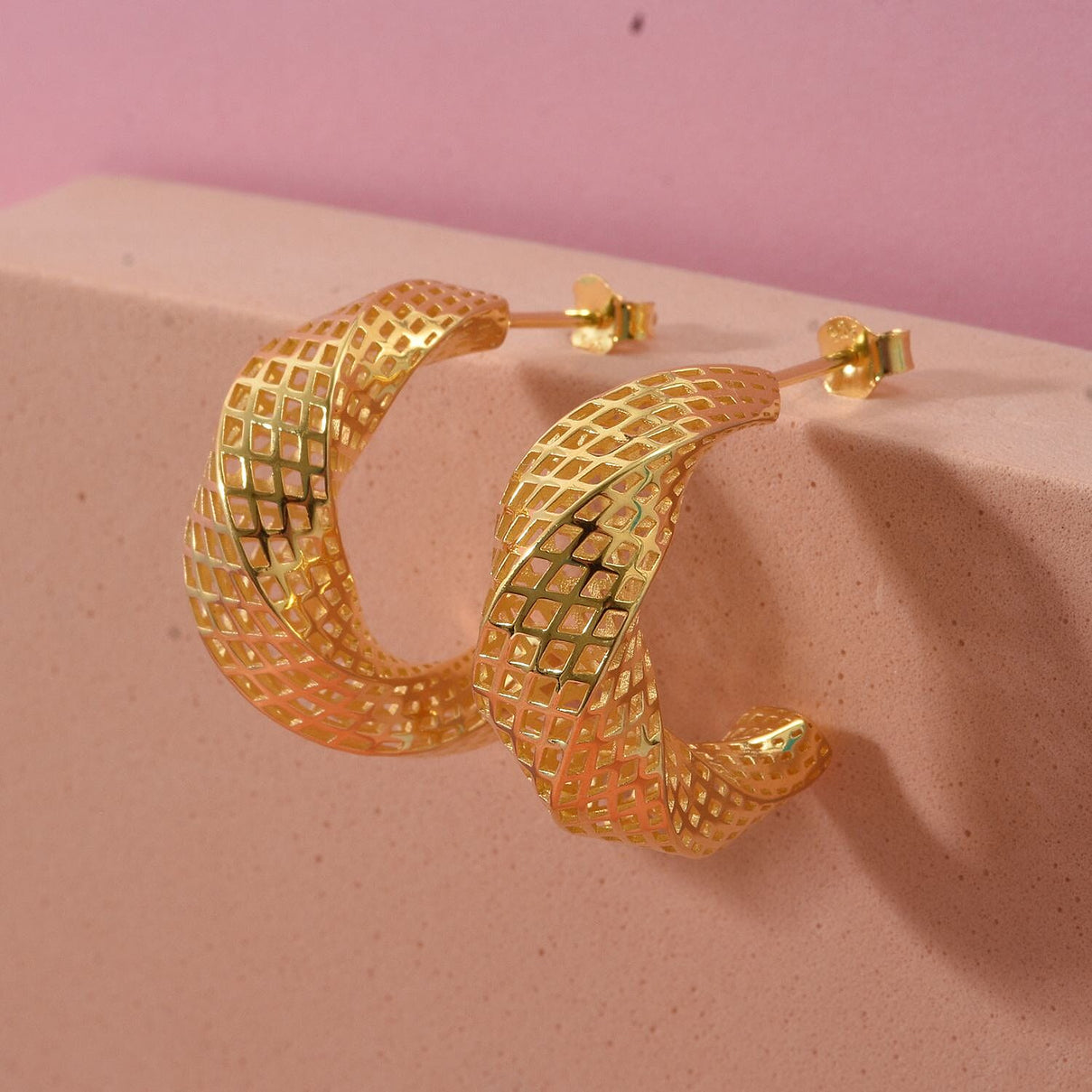 Sterling Silver Half Hoop Mesh Earring with Push Back in Yellow Gold Plating 8194355 1