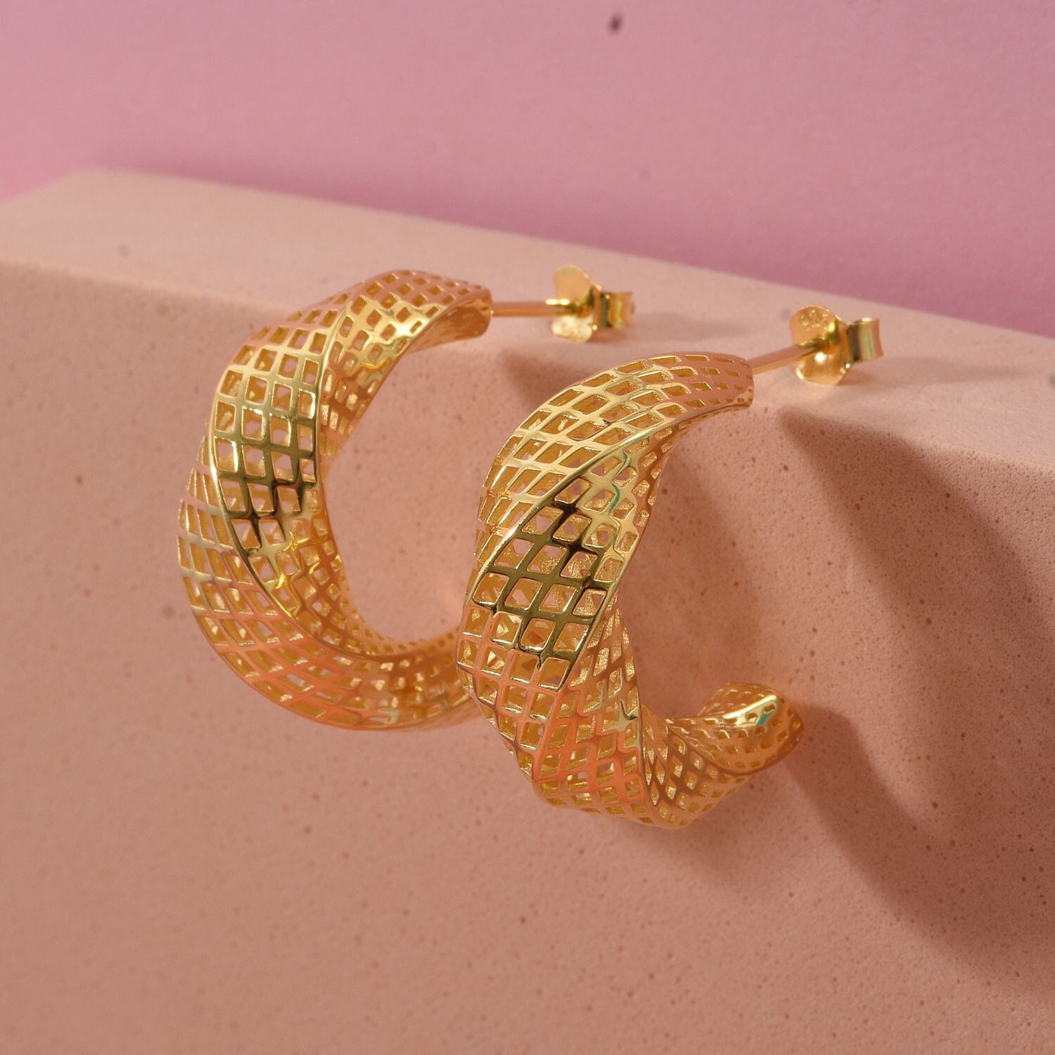 Sterling Silver Half Hoop Mesh Earring with Push Back in Yellow Gold Plating 8194355 1