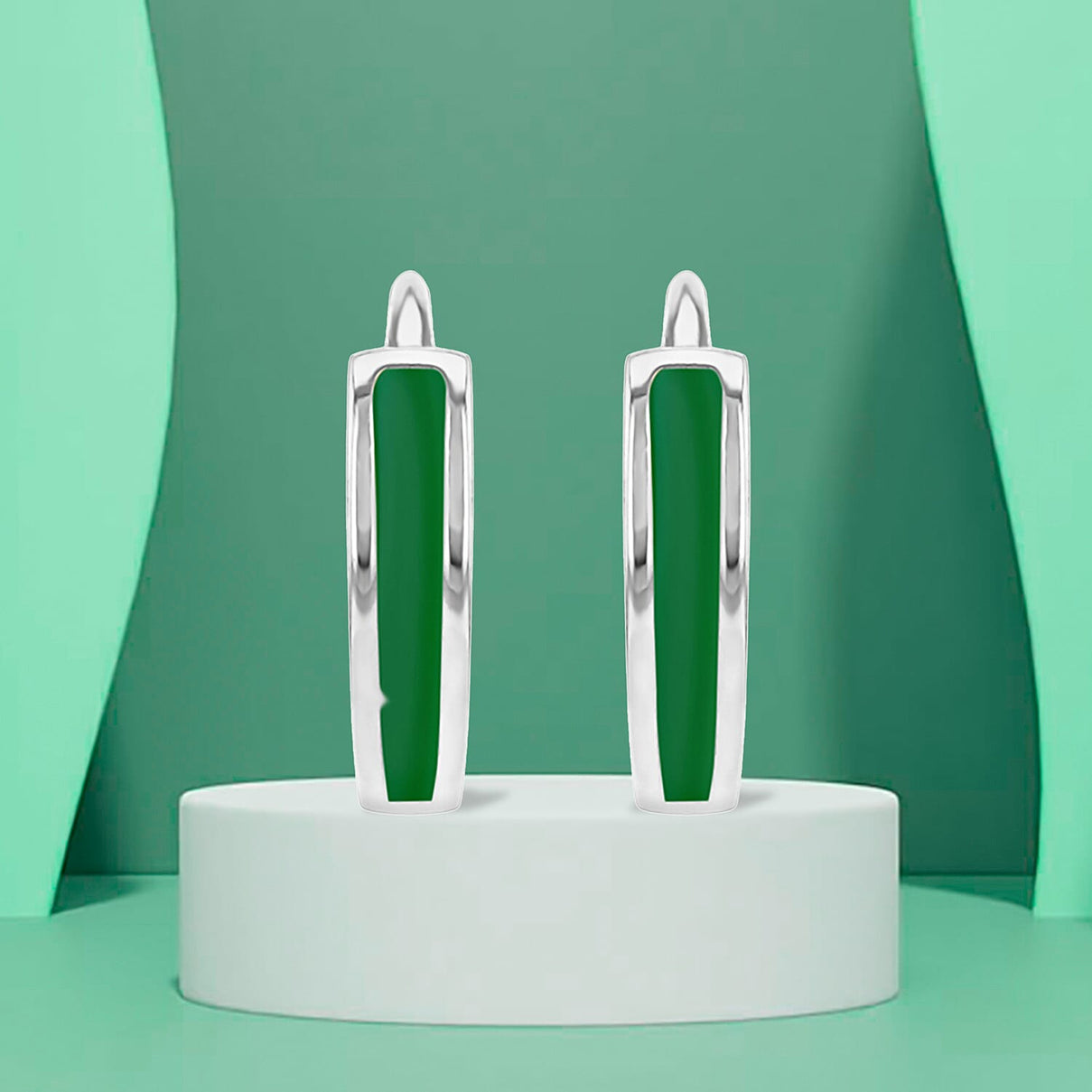 Green Enamel V Shape Huggie Hoop Earrings in Sterling Silver Rhodium Plated 7567958 2