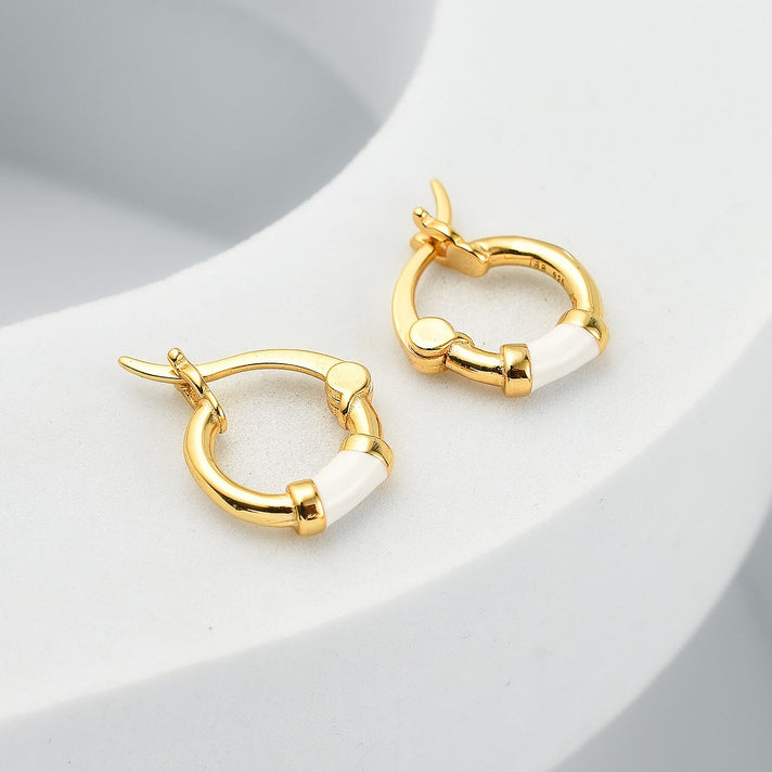 Yellow Gold Overlay Sterling Silver White Enamelled Hoop Earrings 7676328 1