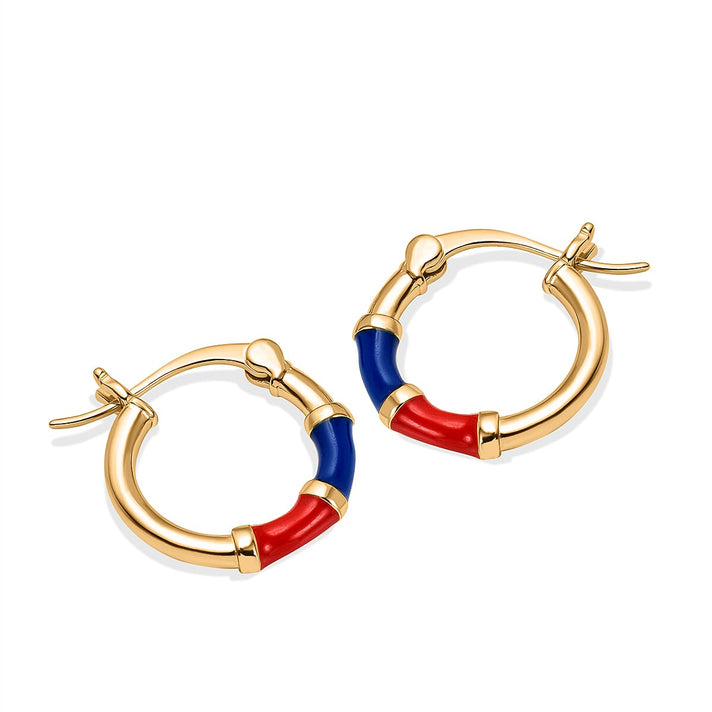 Yellow Gold Overlay Sterling Silver Blue &amp; Red Enamelled Hoop Earrings 7676332 1