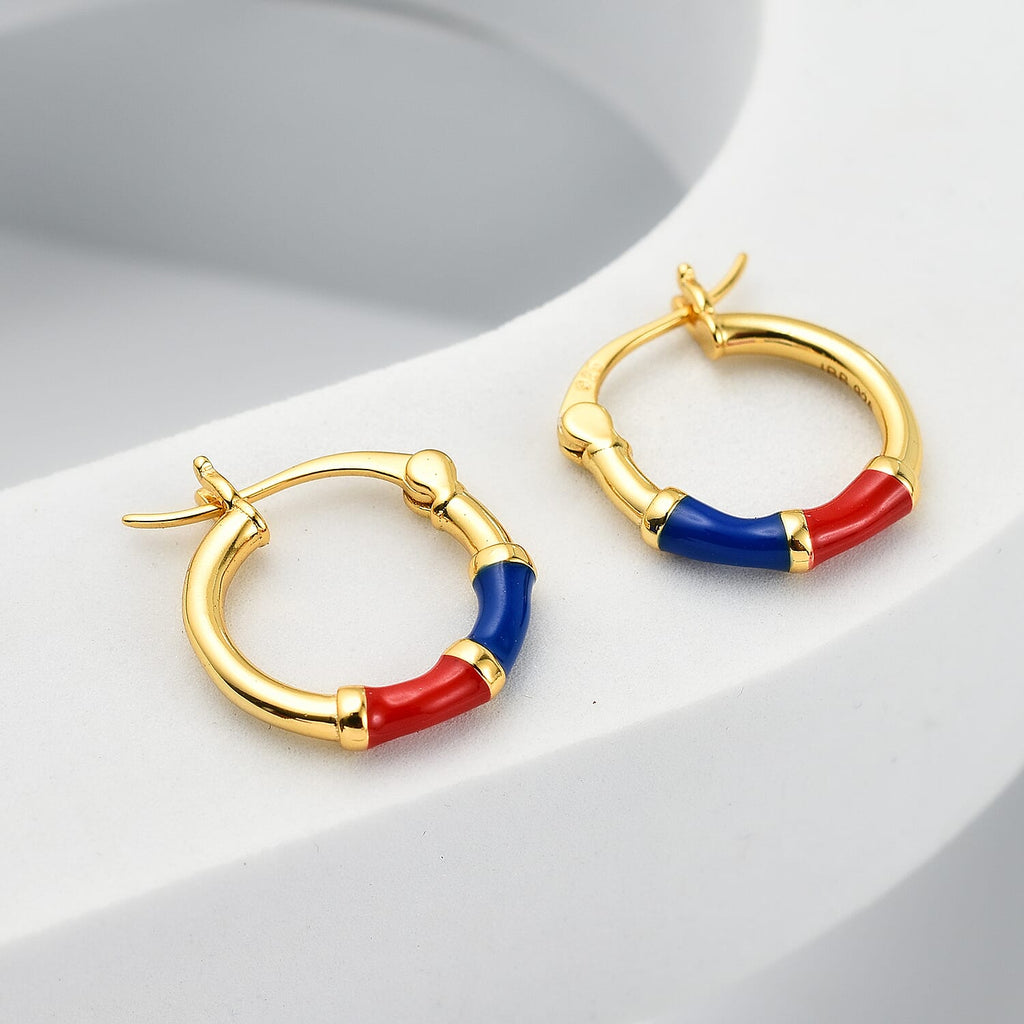 Yellow Gold Overlay Sterling Silver Blue & Red Enamelled Hoop Earrings