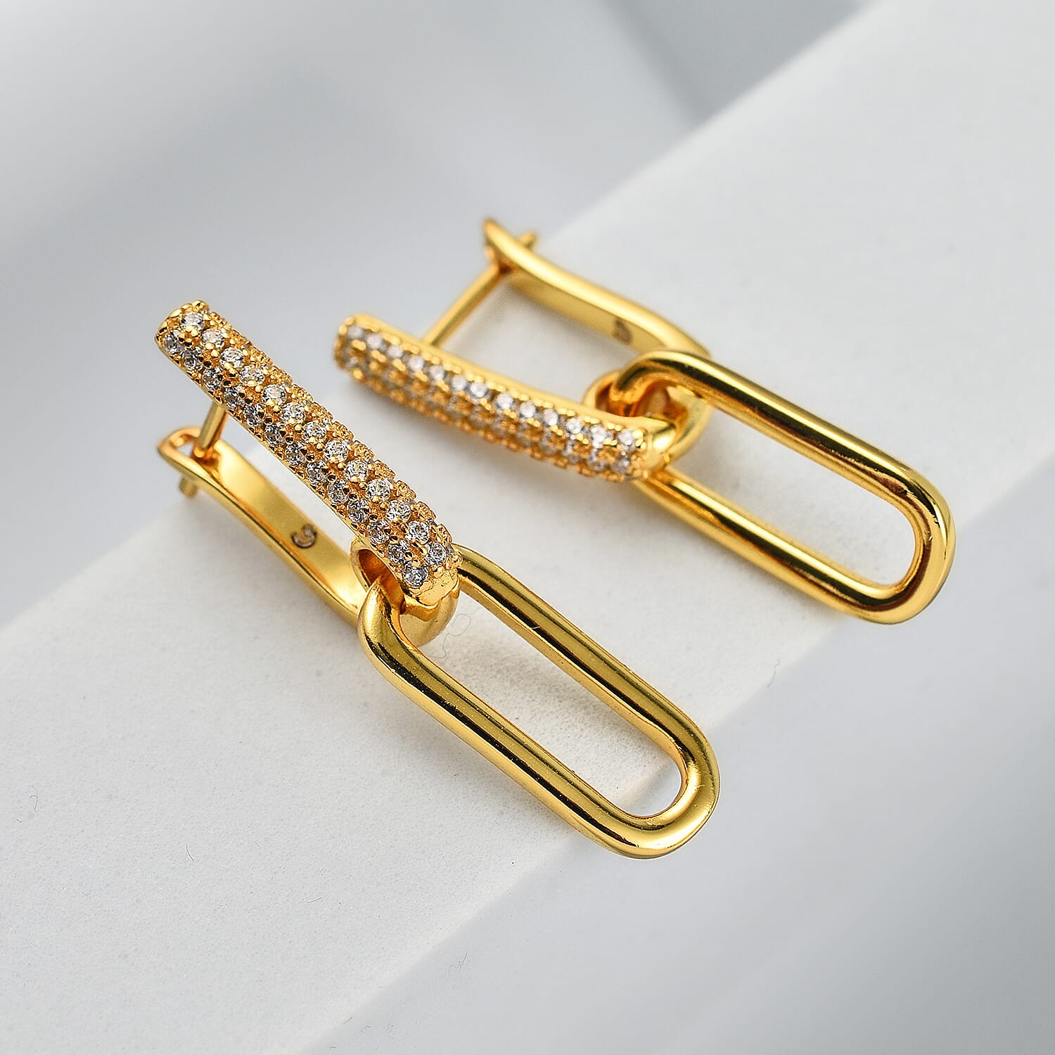 Yellow Gold Plated Sterling Silver Pave Link Earrings 7688257 1