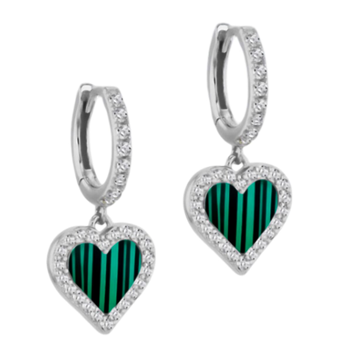 Designer Inspired - Malachite and Zirconia Heart Hoop Earrings in Sterling Silver 7778058 0