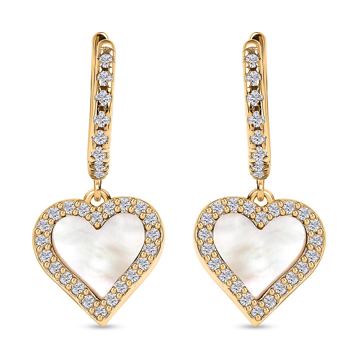 Designer Inspired - Mother of Pearl and Zirconia Heart Hoop Earrings in Gold Overlay Sterling Silver 7778059 0