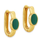 Designer Inspired - Oval Malachite Hoop Earrings in Yellow Gold Plated Sterling Silver