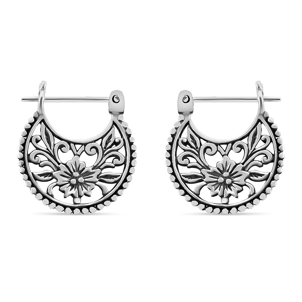 Royal Bali Collection - Sterling Silver Floral Hoop with Border Earrings 7196382 0