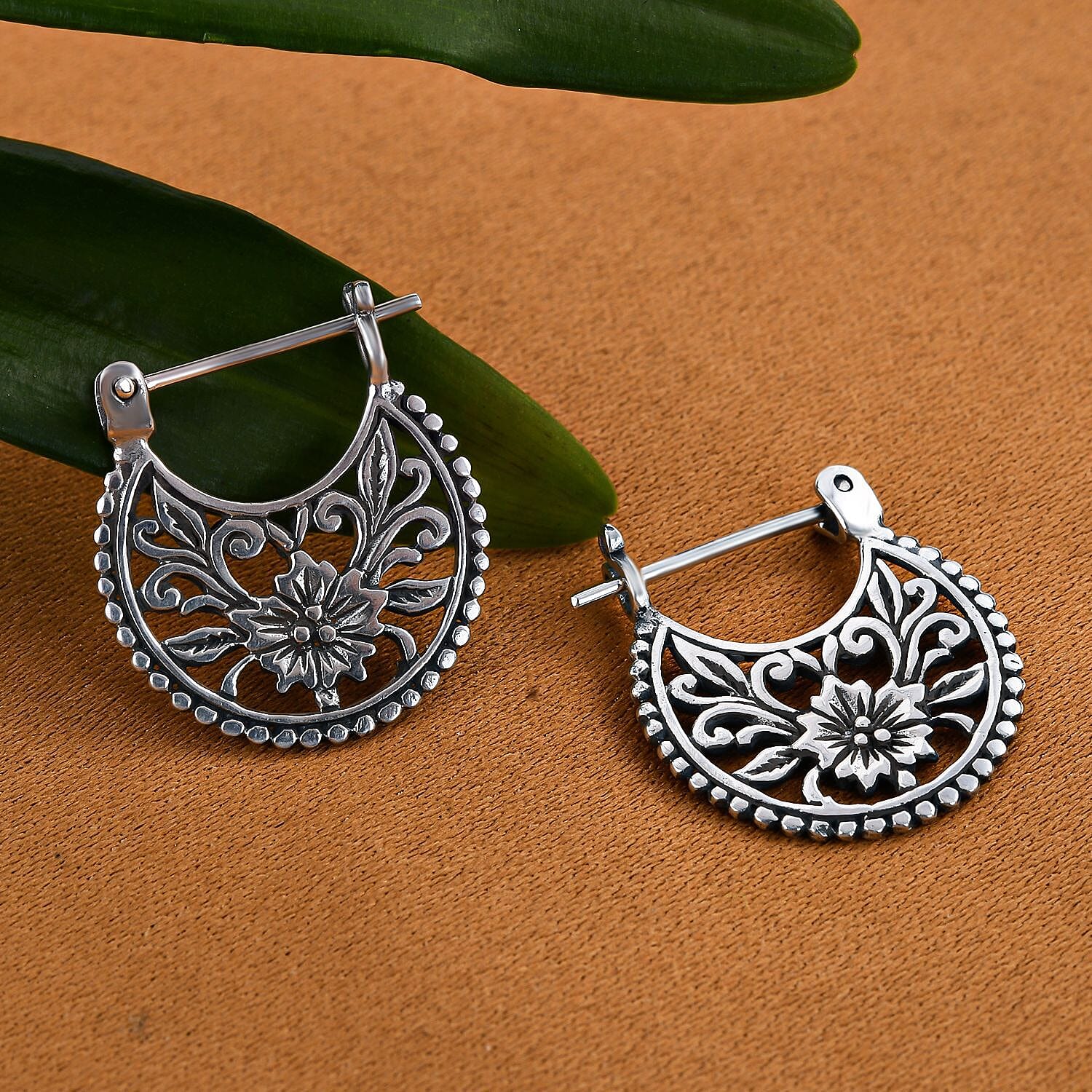 Royal Bali Collection - Sterling Silver Floral Hoop with Border Earrings 7196382 2